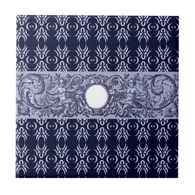 Classy Blue Baroque Pattern by LeahG - cherubs Tile (Front)