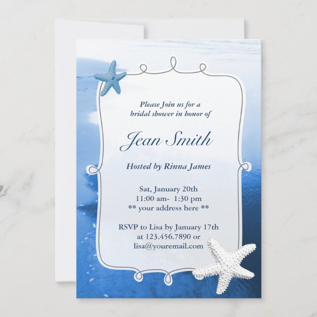 Classy Blue Beach & Starfish Bridal Shower Invite (Front)