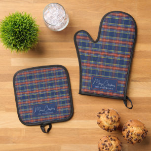 Classy Blue Burnt Orange Scottish Tartan Christmas Oven Mitt & Pot Holder Set