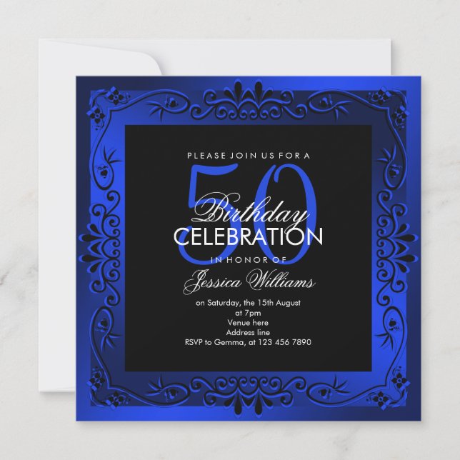 Classy Blue Decorative Framed 50th Birthday Invitation (Front)