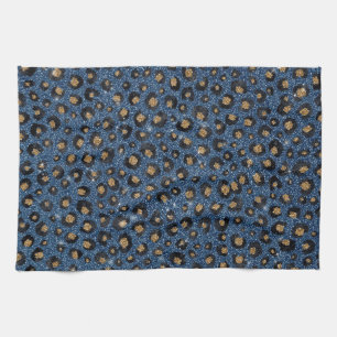 Classy Blue Glitter Black Gold Leopard Print Tea Towel