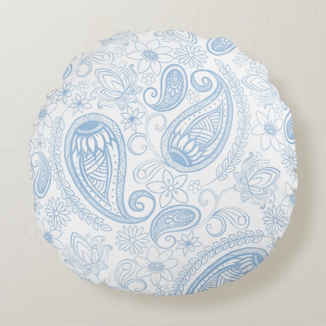 Classy Blue Glitter Paisley Floral White Pattern Round Cushion (Front)