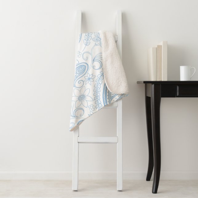Classy Blue Glitter Paisley Floral White Pattern Sherpa Blanket (In Situ)