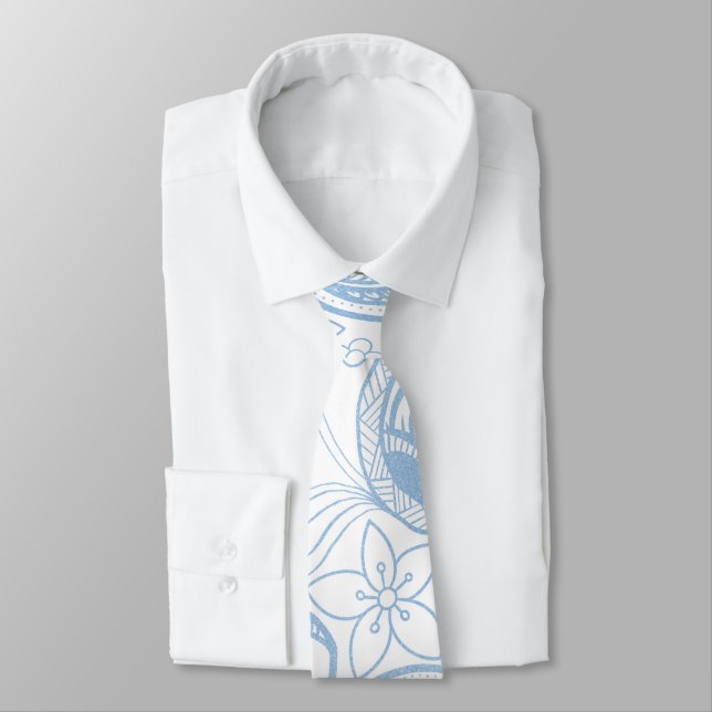 Classy Blue Glitter Paisley Floral White Pattern Tie (Tied)