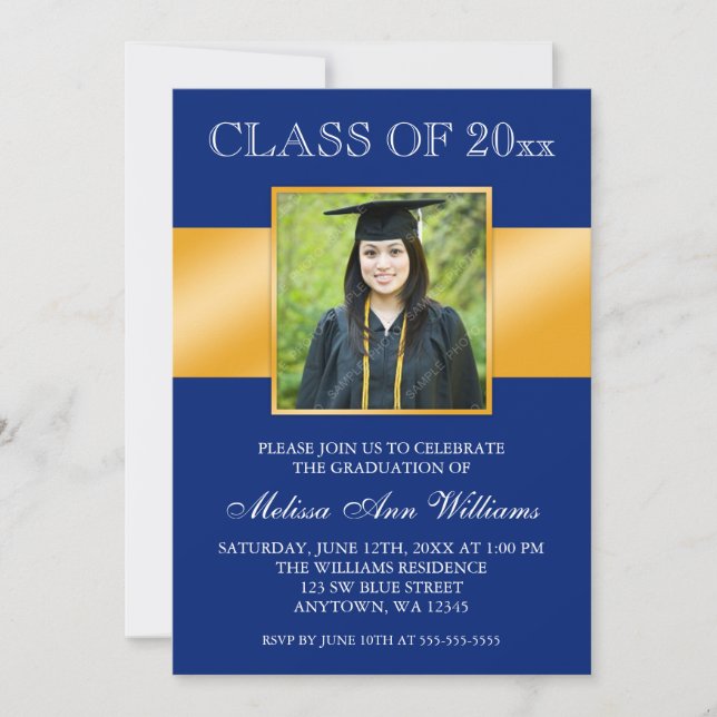 Classy Blue Gold Photo Graduation Announcement (Front)