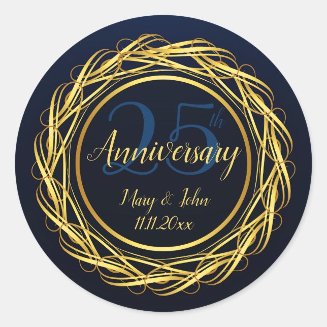 Classy Blue Gold Royal Anniversary Luxury Classic Round Sticker (Front)