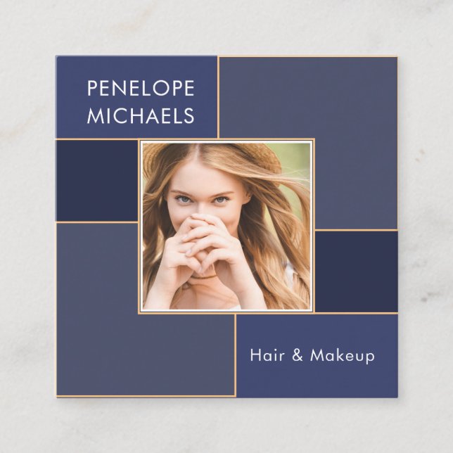 Classy Blue Grid with Photo Square Business Card (Front)