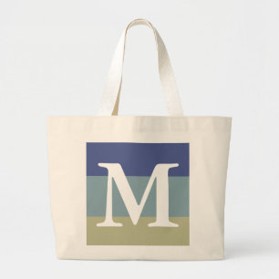 Classy Blue Khaki Striped Colour Palette Monogram Large Tote Bag