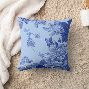 Classy Blue Modern Chinoiserie Chic Lotus Floral Cushion
