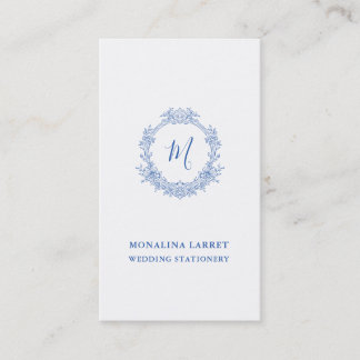 Classy Blue Ornamental Roses Frame Monogram Business Card