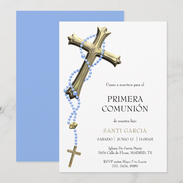 Classy Blue Rosary & Gold Cross Comunión Invitation (Front/Back)