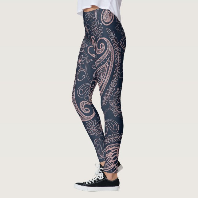 Classy Blue Rose Gold Glitter Paisley Floral Leggings (Left)