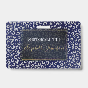 Classy Blue Silver Glitter Leopard Animal Print ID Badge