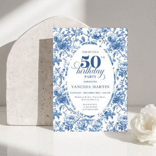 Classy Blue Toile de Jouy Floral 50th Birthday Invitation