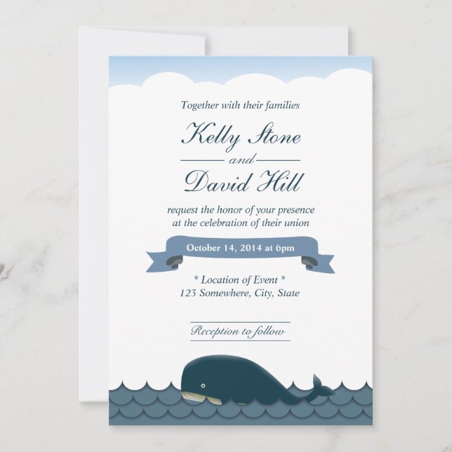 Classy Blue Whale & Sea Wedding Invitations (Front)