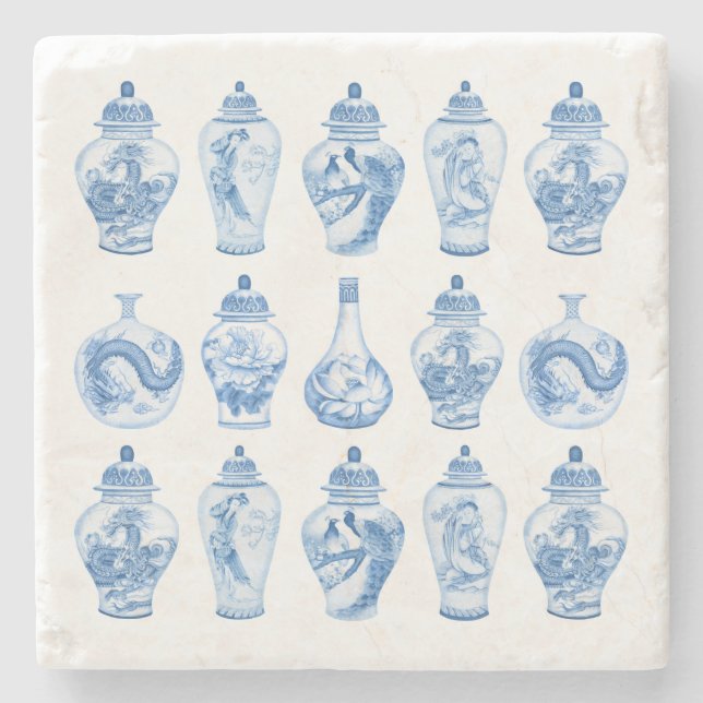 Classy Blue White Chinoiserie Ginger Jars Stone Coaster (Front)