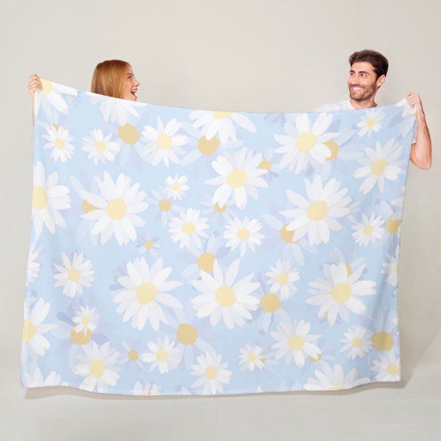 Classy Blue White Daisy Flowers Fleece Blanket (In Situ)