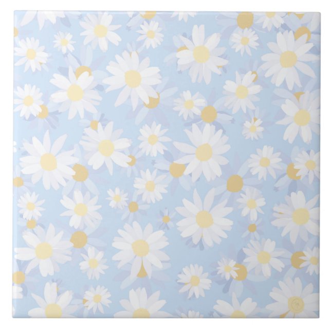Classy Blue White Daisy Flowers Tile (Front)