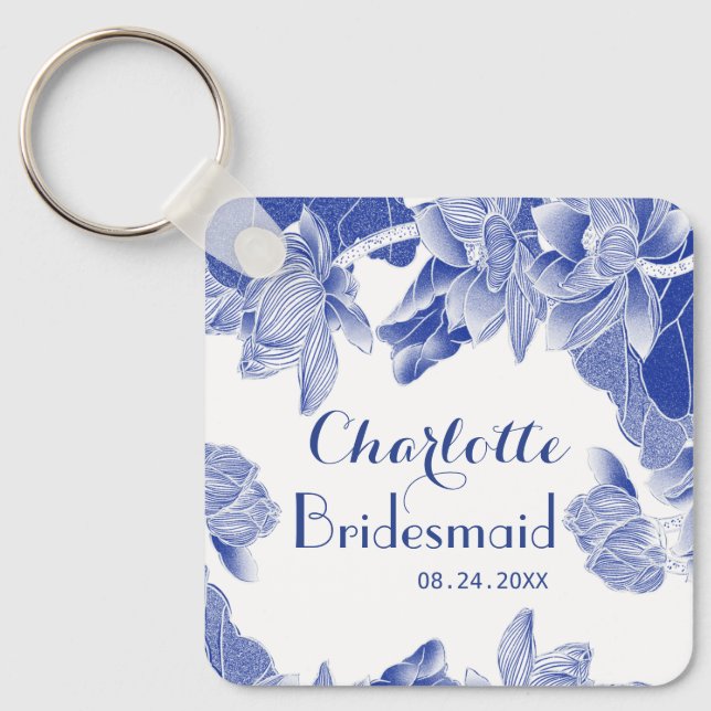 Classy Blue White Floral Bridesmaid Wedding Favour Key Ring (Front)