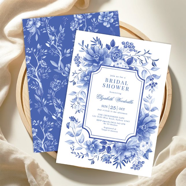 Classy Blue White Floral Chinoiserie Bridal Shower Invitation (Creator Uploaded)