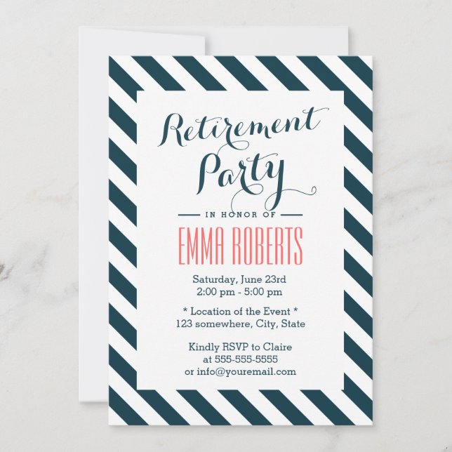 Classy Blue & White Stripes Retirement Party Invitation (Front)