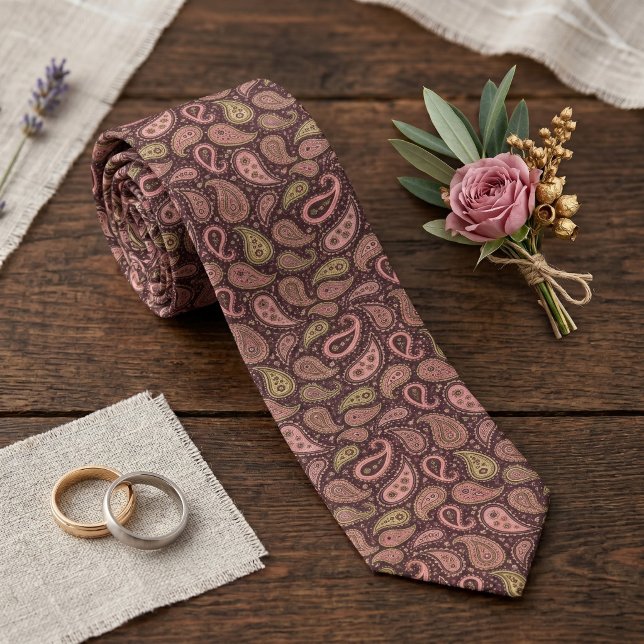Classy Blush Pink Lime Green Dark Brown Paisley Tie (Creator Uploaded)