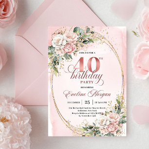 Classy Bohemian Blush Floral 40th Birthday Invites