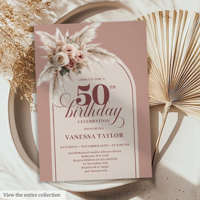 Classy Boho Dusty Rose Pampas Floral 50th Birthday Invitation (Classy Boho Dusty Rose Pampas Floral 50th Birthday)