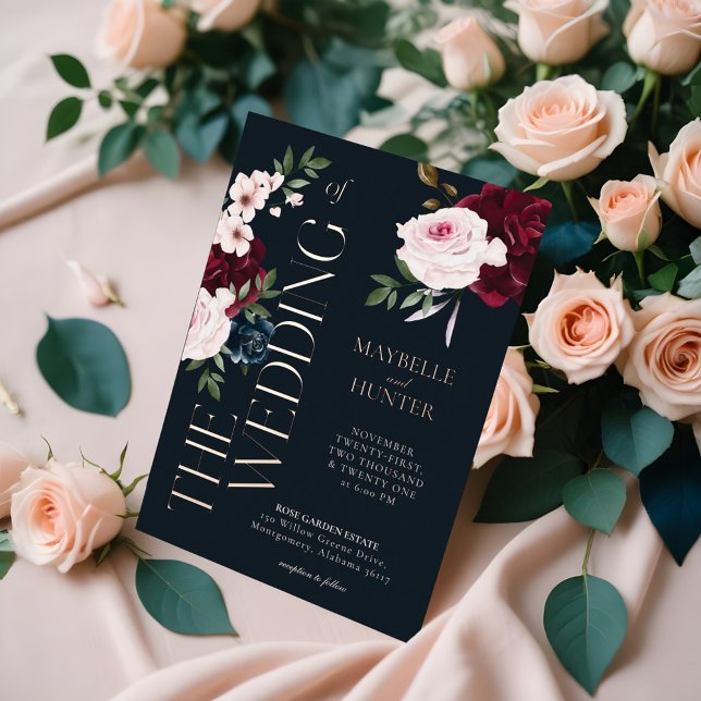 Classy Bold Burgundy & Navy Watercolor Florals (Classy Bold Burgundy & Navy Watercolor Florals Foil Invitation)