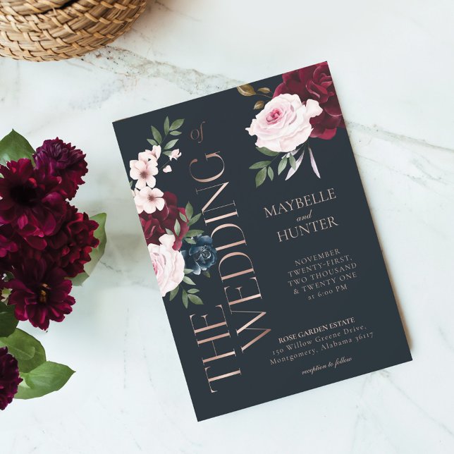 Classy Bold Burgundy & Navy Watercolor Florals Invitation (Classy Bold Burgundy & Navy Watercolor Florals Invitation)