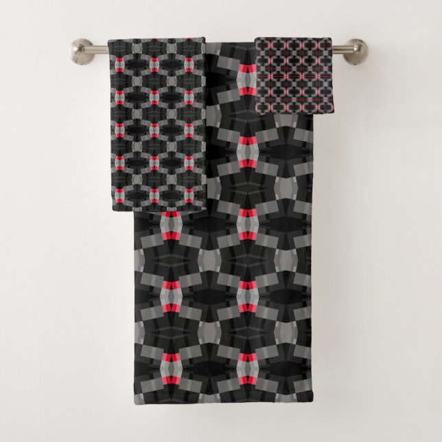 Classy & Bold Grey Red Black Abstract Modern Manly Bath Towel Set (Insitu)
