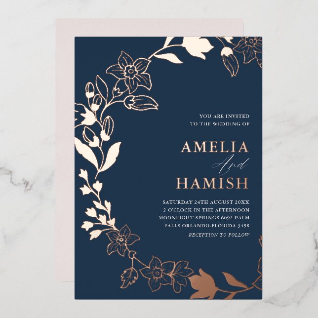Classy Botanical Rose Gold & Blue Wedding  (Front/Back)