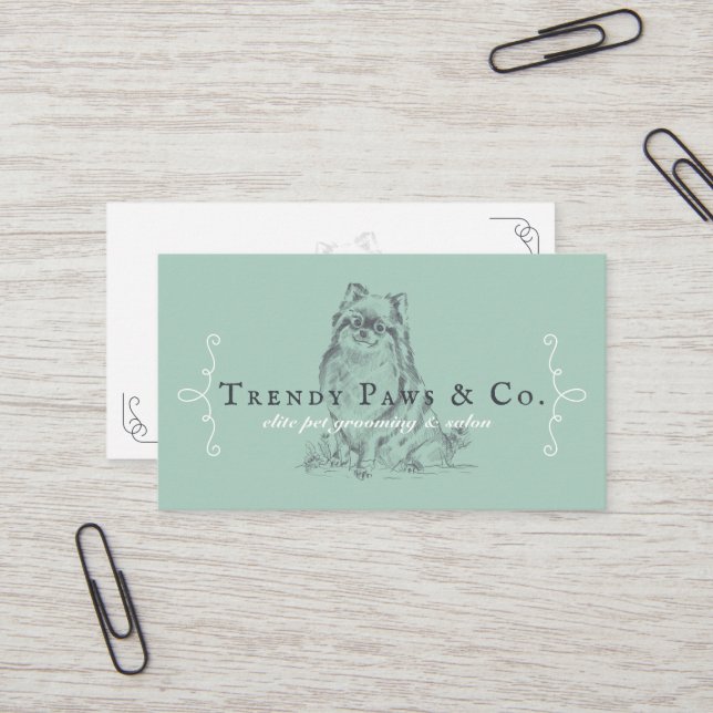 Classy Boutique Style Pet Salon Pomeranian Dog Business Card (Front/Back In Situ)