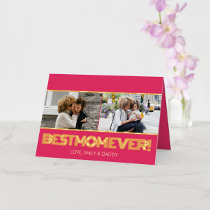 Classy Bright Pink Best Mum Ever 2 Photo Collage Foil Greeting Card