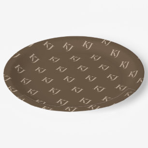 Classy Brown & Beige Monogram Initials Pattern Paper Plate