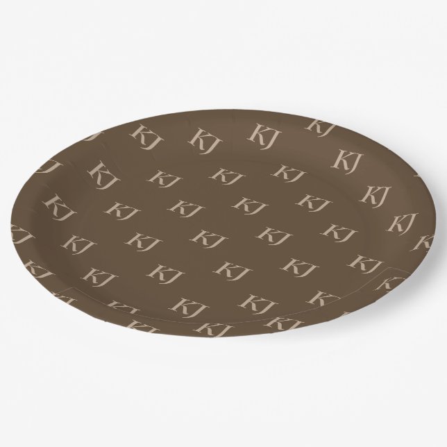 Classy Brown & Beige Monogram Initials Pattern Paper Plate (Angled)