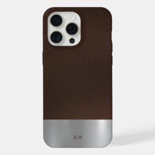 Classy Brown Leather and Brushed Metal Look Modern iPhone 15 Pro Max Case
