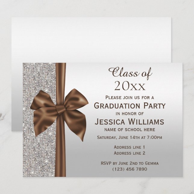 Classy Brown Silk Bow, Silver Sequins Graduation Invitation (Front/Back)
