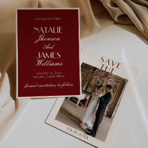Classy Burgundy Cream Old Money Photo Wedding Save The Date