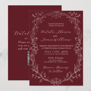 Classy Burgundy Floral Old Money QR Code Wedding Invitation