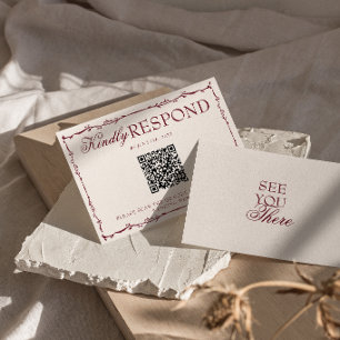 Classy Burgundy Floral Old Money QR Code Wedding RSVP Card