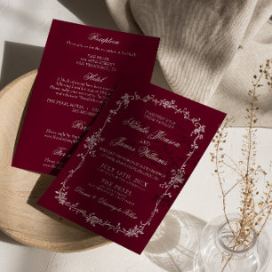 Classy Burgundy Floral Retro All In One Wedding Invitation