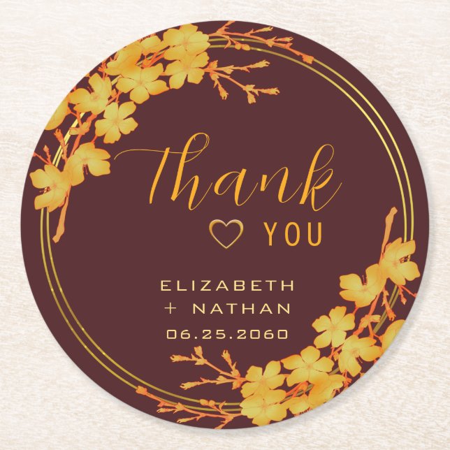 Classy Burgundy Gold Floral Wedding Thank You Round Paper Coaster (Front)