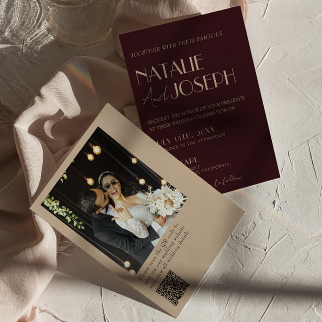 Classy Burgundy Gold QR Code Photo Retro Wedding Invitation (Creator Uploaded)