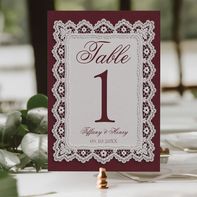 Classy Burgundy Lace Doily Wedding Table Number (Creator Uploaded)