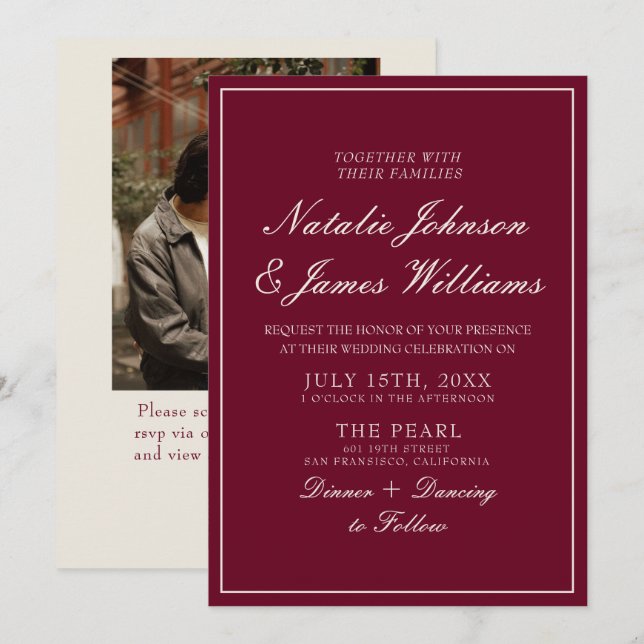 Classy Burgundy Old Money QR Code Photo Wedding Invitation (Front/Back)
