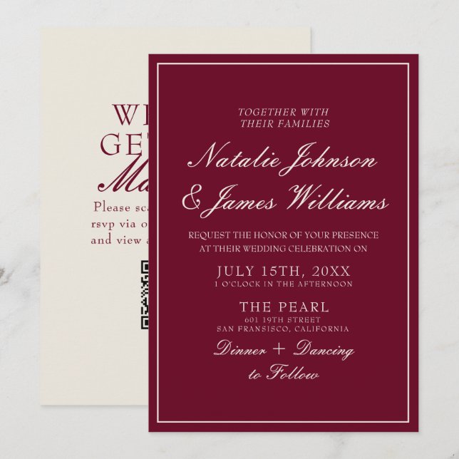 Classy Burgundy Old Money QR Code Wedding Invitation (Front/Back)