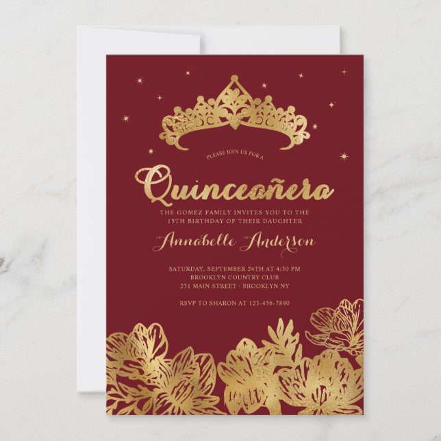 Classy Burgundy Red Gold Quinceañera Floral Tiara Invitation (Front)