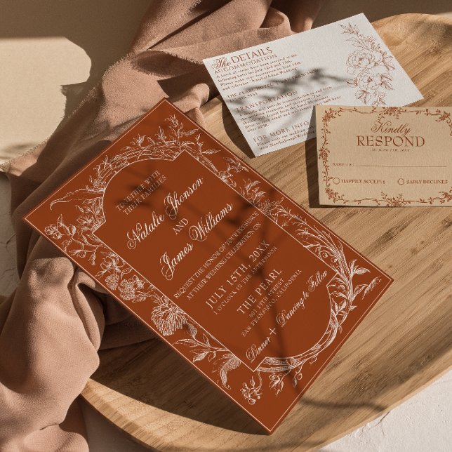 Classy Burnt Orange Floral Boho Terracotta Wedding Invitation (Creator Uploaded)
