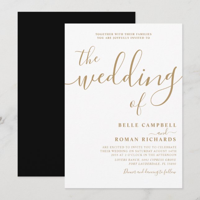 Classy Calligraphy White & Gold Wedding  Invitation (Front/Back)